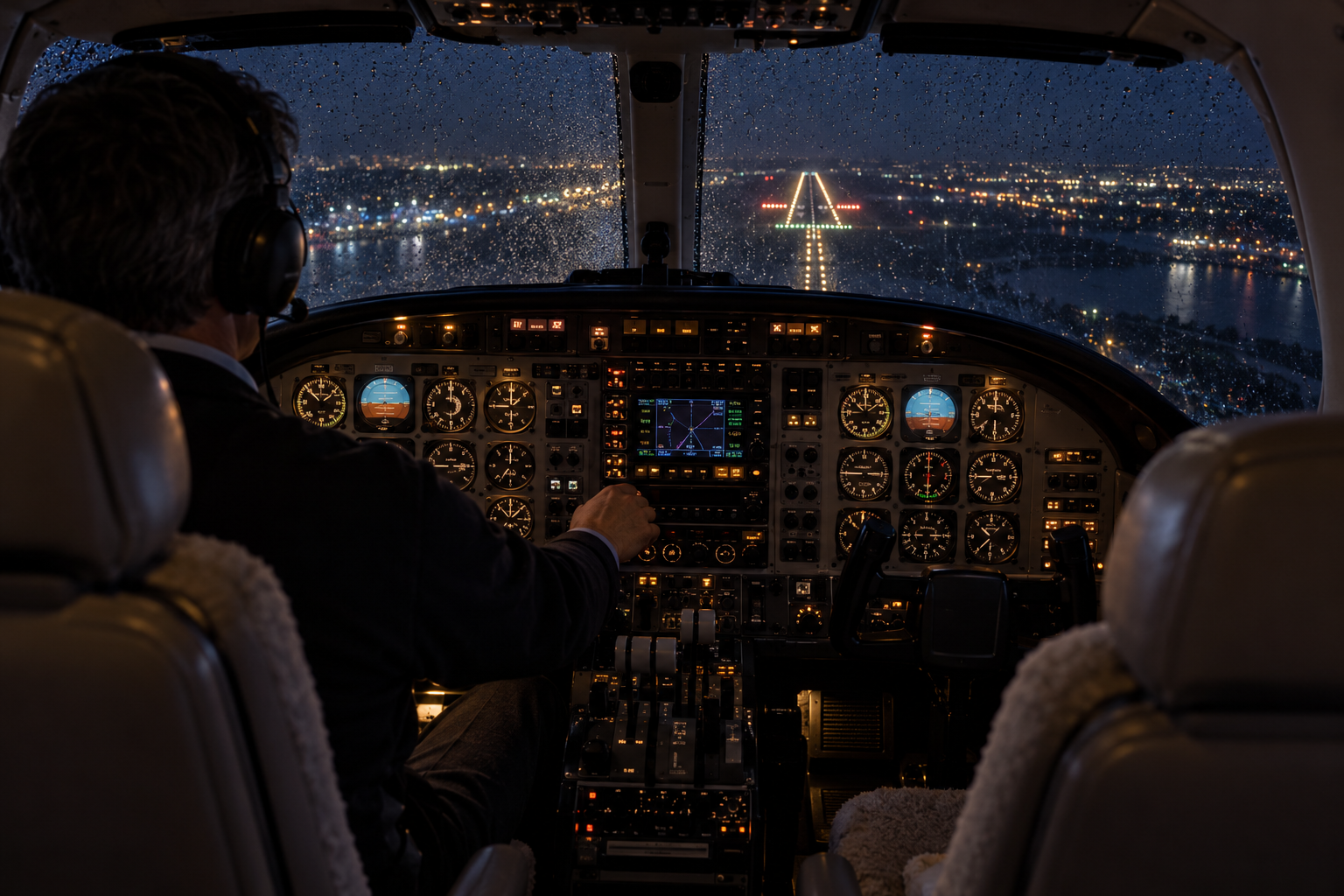 Illustration of a single pilot in a Citation cockpit on a rainy night approach